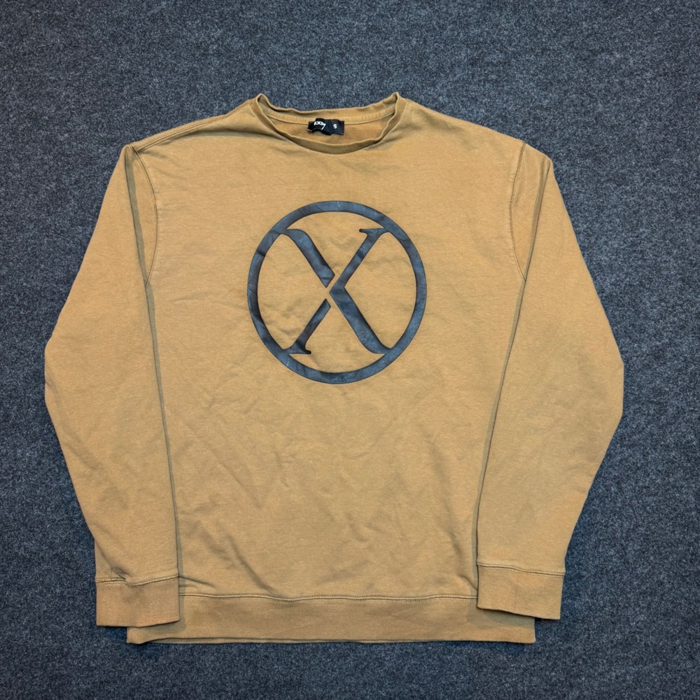 Express Mens Large Mustard Tan Graphic X Circle Crewneck Sweatshirt Pullover